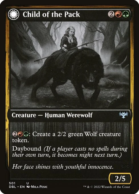 Child of the Pack // Savage Packmate, carta Magic di tipo Creature — Human Werewolf // Creature — Werewolf illustrata da Mila Pesic