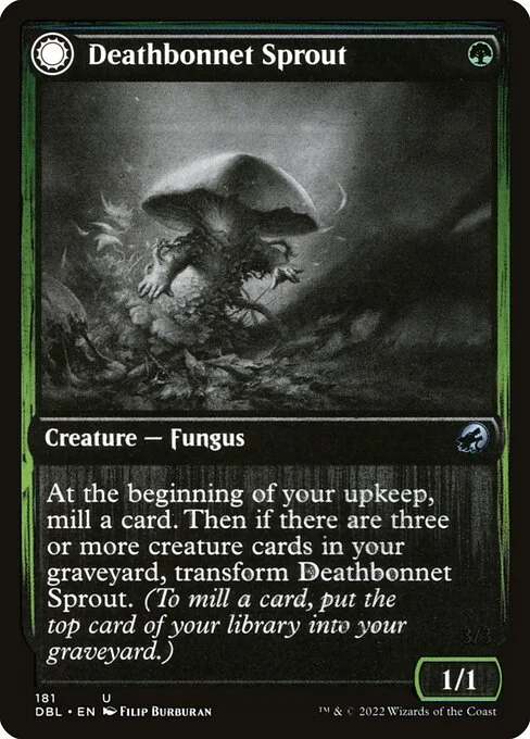 Deathbonnet Sprout // Deathbonnet Hulk, carta Magic di tipo Creature — Fungus // Creature — Fungus Horror illustrata da Filip Burburan