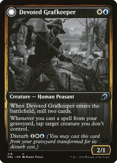 Devoted Grafkeeper // Departed Soulkeeper, carta Magic di tipo Creature — Human Peasant // Creature — Spirit illustrata da Raoul Vitale