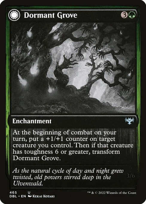 Dormant Grove // Gnarled Grovestrider, carta Magic di tipo Enchantment // Creature — Treefolk illustrata da Kekai Kotaki