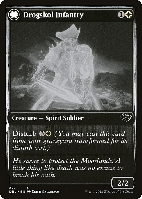Drogskol Infantry // Drogskol Armaments, carta Magic di tipo Creature — Spirit Soldier // Enchantment — Aura illustrata da Cristi Balanescu