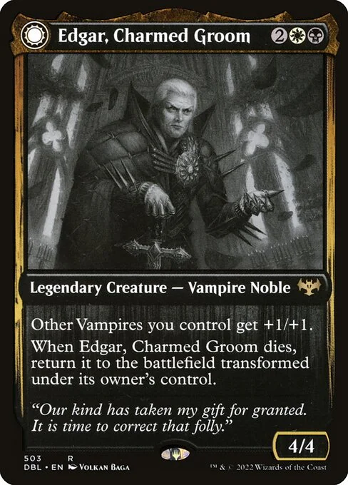 Edgar, Charmed Groom // Edgar Markov's Coffin, carta Magic di tipo Legendary Creature — Vampire Noble // Legendary Artifact illustrata da Volkan Baǵa