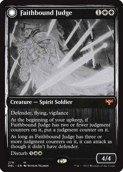 Faithbound Judge // Sinner's Judgment, carta Magic di tipo Creature — Spirit Soldier // Enchantment — Aura Curse illustrata da Svetlin Velinov