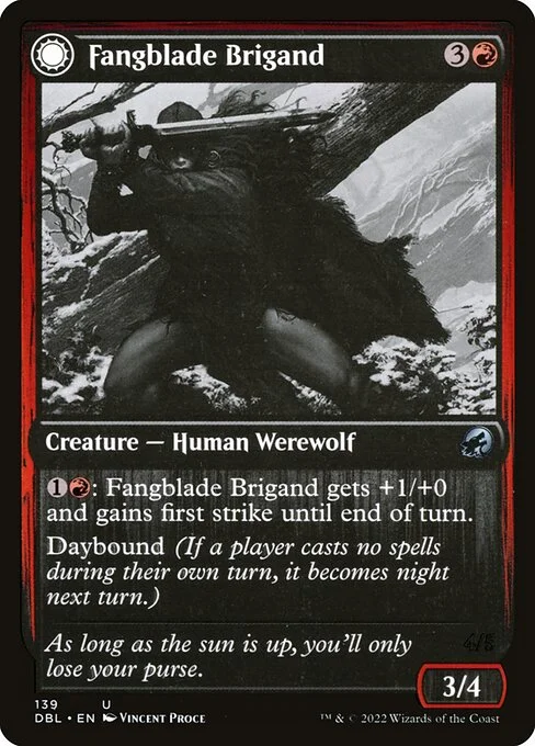Fangblade Brigand // Fangblade Eviscerator, carta Magic di tipo Creature — Human Werewolf // Creature — Werewolf illustrata da Vincent Proce