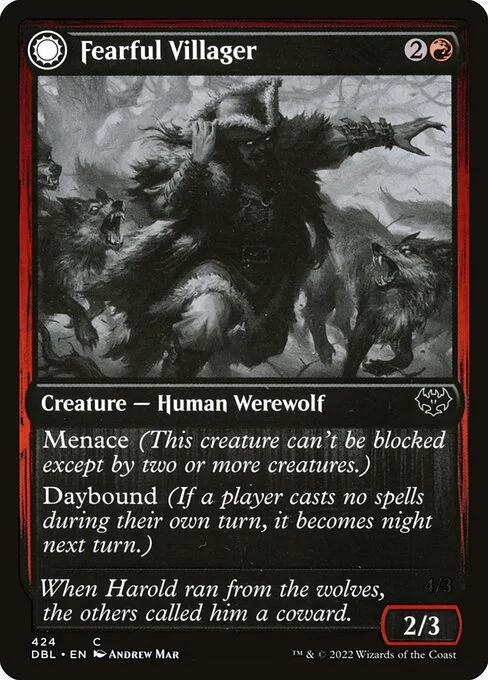 Fearful Villager // Fearsome Werewolf, carta Magic di tipo Creature — Human Werewolf // Creature — Werewolf illustrata da Andrew Mar