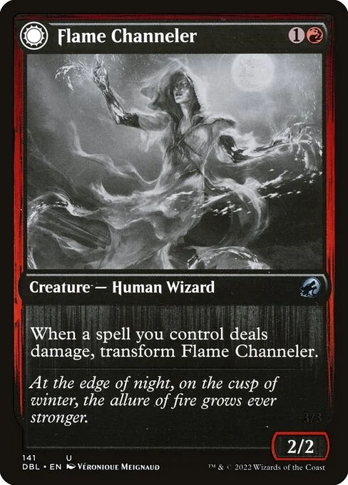 Flame Channeler // Embodiment of Flame, carta Magic di tipo Creature — Human Wizard // Creature — Elemental Wizard illustrata da Véronique Meignaud