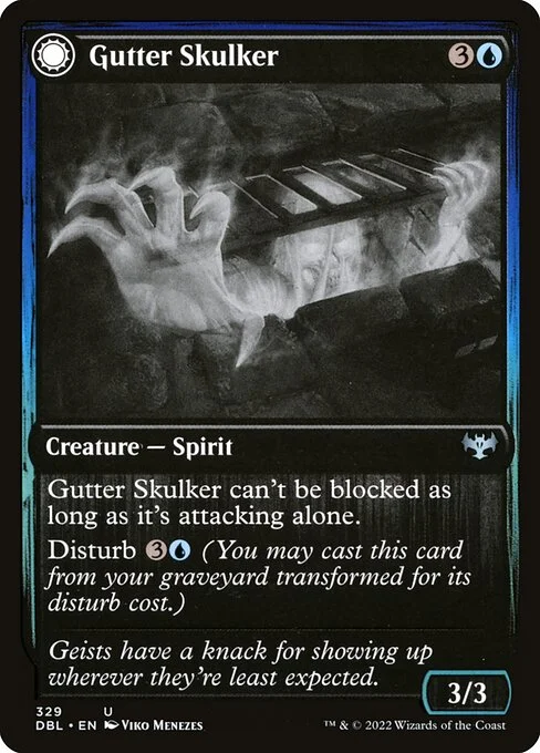 Gutter Skulker // Gutter Shortcut, carta Magic di tipo Creature — Spirit // Enchantment — Aura illustrata da Viko Menezes