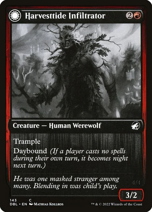 Harvesttide Infiltrator // Harvesttide Assailant, carta Magic di tipo Creature — Human Werewolf // Creature — Werewolf illustrata da Mathias Kollros