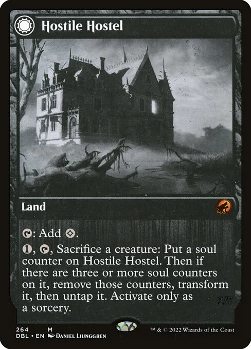 Hostile Hostel // Creeping Inn, carta Magic di tipo Land // Artifact Creature — Horror Construct illustrata da Daniel Ljunggren