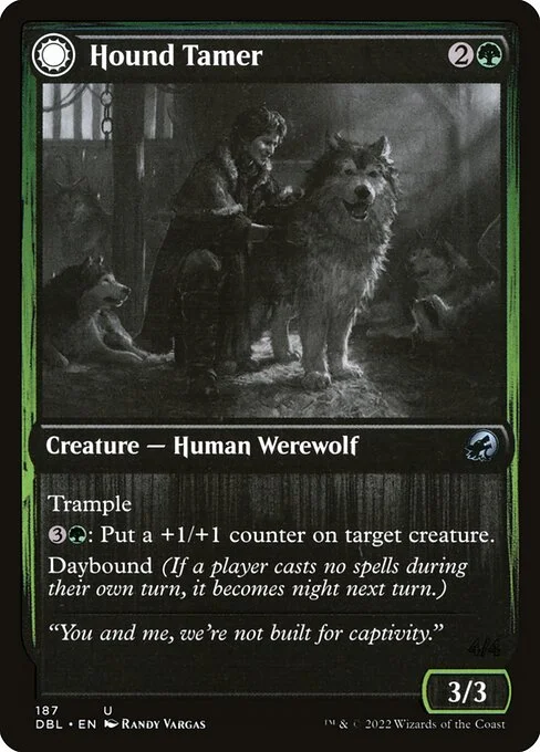 Hound Tamer // Untamed Pup, carta Magic di tipo Creature — Human Werewolf // Creature — Werewolf illustrata da Randy Vargas
