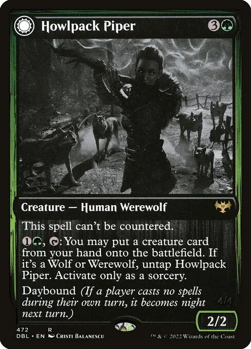 Howlpack Piper // Wildsong Howler, carta Magic di tipo Creature — Human Werewolf // Creature — Werewolf illustrata da Cristi Balanescu