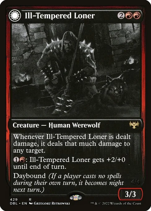 Ill-Tempered Loner // Howlpack Avenger, carta Magic di tipo Creature — Human Werewolf // Creature — Werewolf illustrata da Grzegorz Rutkowski