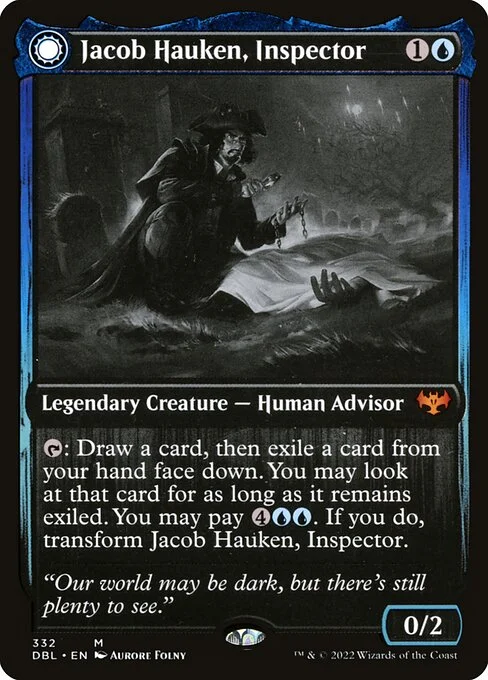 Jacob Hauken, Inspector // Hauken's Insight, carta Magic di tipo Legendary Creature — Human Advisor // Legendary Enchantment illustrata da Aurore Folny