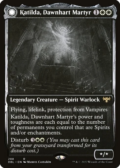 Katilda, Dawnhart Martyr // Katilda's Rising Dawn, carta Magic di tipo Legendary Creature — Spirit Warlock // Legendary Enchantment — Aura illustrata da Manuel Castañón