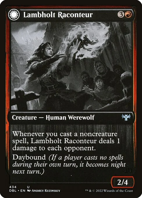 Lambholt Raconteur // Lambholt Ravager, carta Magic di tipo Creature — Human Werewolf // Creature — Werewolf illustrata da Andrey Kuzinskiy