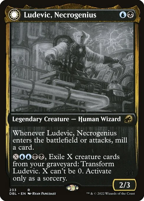 Ludevic, Necrogenius // Olag, Ludevic's Hubris, carta Magic di tipo Legendary Creature — Human Wizard // Legendary Creature — Zombie illustrata da Ryan Pancoast