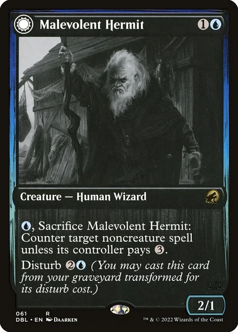 Malevolent Hermit // Benevolent Geist, carta Magic di tipo Creature — Human Wizard // Creature — Spirit Wizard illustrata da Daarken
