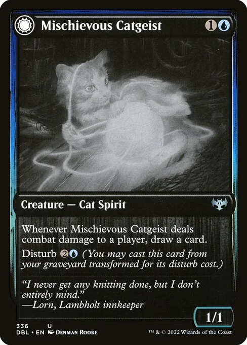 Mischievous Catgeist // Catlike Curiosity, carta Magic di tipo Creature — Cat Spirit // Enchantment — Aura illustrata da Denman Rooke