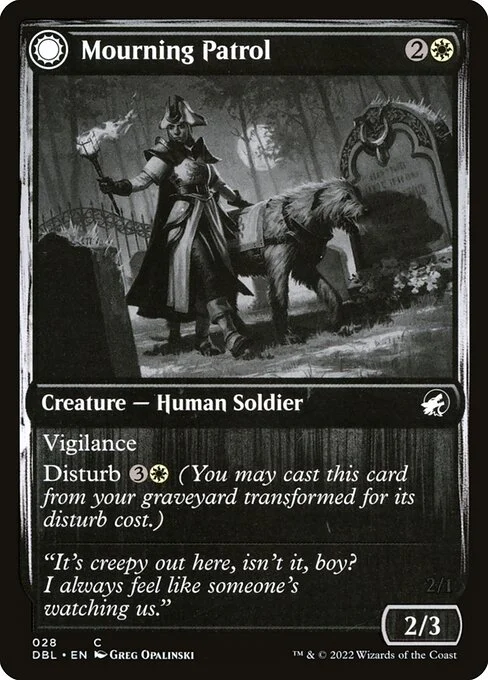 Mourning Patrol // Morning Apparition, carta Magic di tipo Creature — Human Soldier // Creature — Spirit Soldier illustrata da Greg Opalinski