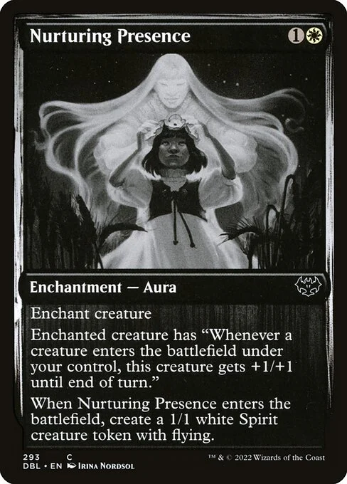 Nurturing Presence, carta Magic di tipo Enchantment — Aura illustrata da Irina Nordsol