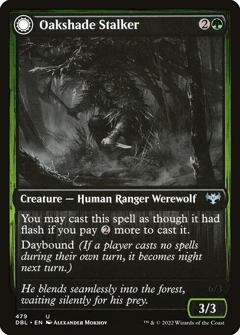 Oakshade Stalker // Moonlit Ambusher, carta Magic di tipo Creature — Human Ranger Werewolf // Creature — Werewolf illustrata da Alexander Mokhov