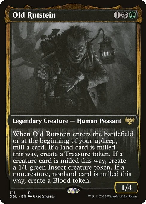 Old Rutstein, carta Magic di tipo Legendary Creature — Human Peasant illustrata da Greg Staples