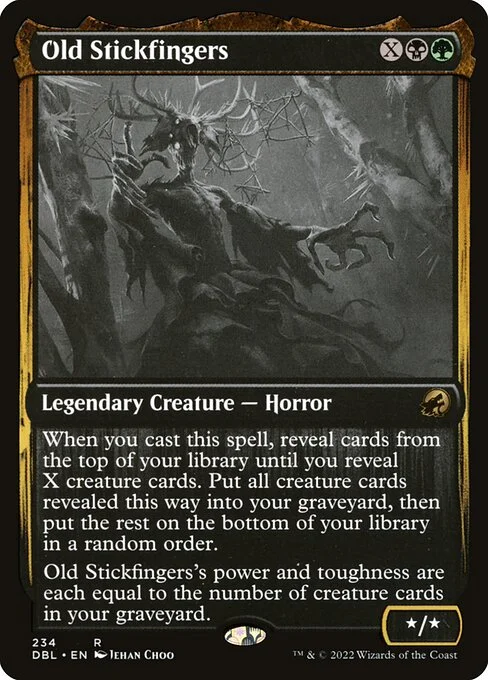 Old Stickfingers, carta Magic di tipo Legendary Creature — Horror illustrata da Jehan Choo