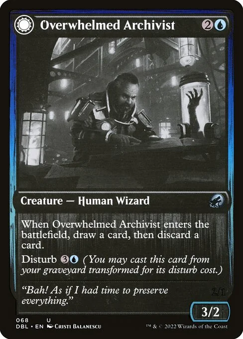 Overwhelmed Archivist // Archive Haunt, carta Magic di tipo Creature — Human Wizard // Creature — Spirit Wizard illustrata da Cristi Balanescu