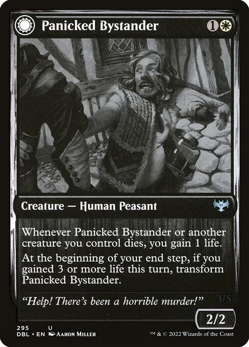 Panicked Bystander // Cackling Culprit, carta Magic di tipo Creature — Human Peasant // Creature — Human Rogue illustrata da Aaron Miller