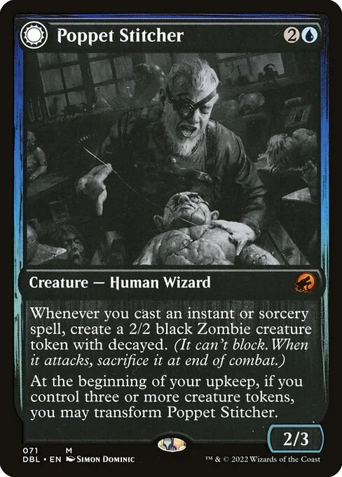 Poppet Stitcher // Poppet Factory, carta Magic di tipo Creature — Human Wizard // Artifact illustrata da Simon Dominic