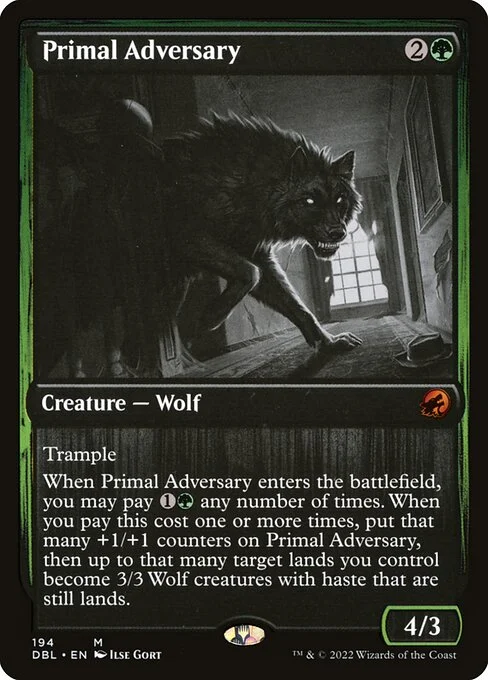 Primal Adversary, carta Magic di tipo Creature — Wolf illustrata da Ilse Gort
