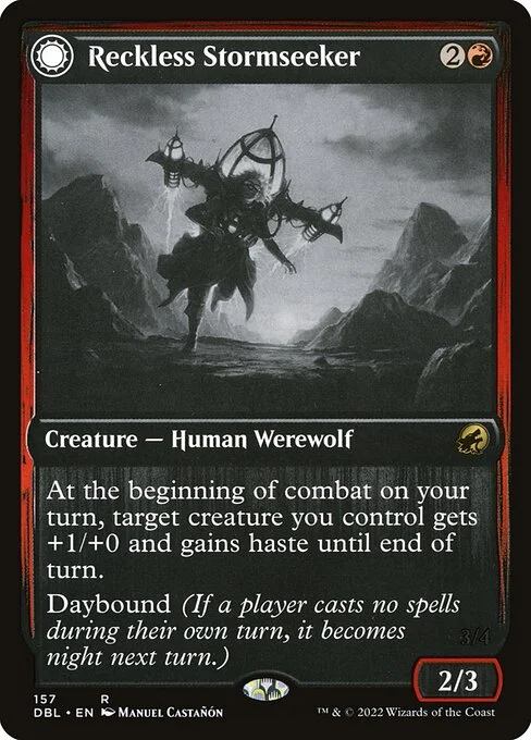 Reckless Stormseeker // Storm-Charged Slasher, carta Magic di tipo Creature — Human Werewolf // Creature — Werewolf illustrata da Manuel Castañón