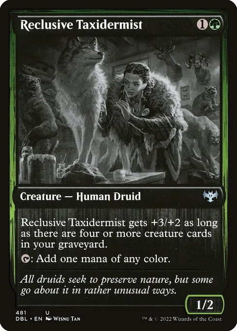 Reclusive Taxidermist, carta Magic di tipo Creature — Human Druid illustrata da Wisnu Tan
