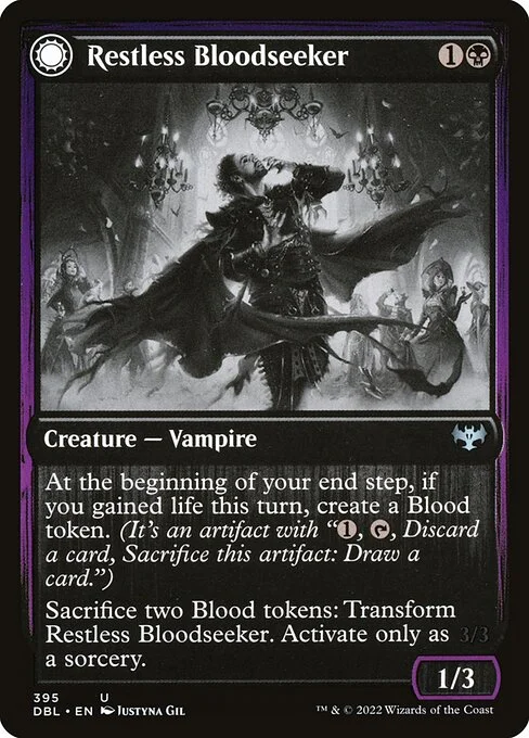 Restless Bloodseeker // Bloodsoaked Reveler, carta Magic di tipo Creature — Vampire // Creature — Vampire illustrata da Justyna Dura