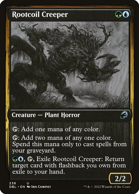 Rootcoil Creeper, carta Magic di tipo Creature — Plant Horror illustrata da Iris Compiet