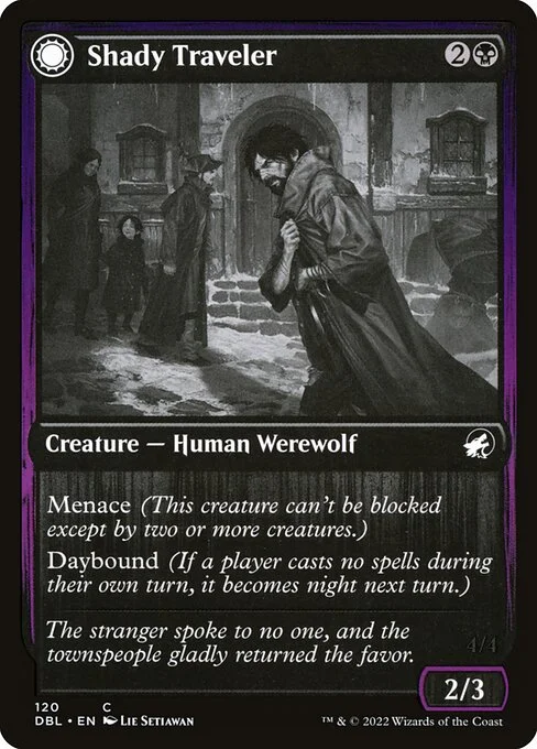 Shady Traveler // Stalking Predator, carta Magic di tipo Creature — Human Werewolf // Creature — Werewolf illustrata da Lie Setiawan