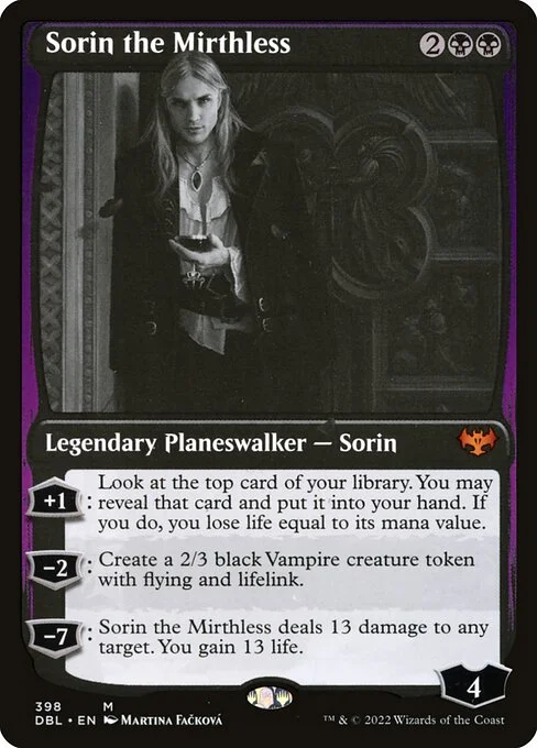 Sorin the Mirthless, carta Magic di tipo Legendary Planeswalker — Sorin illustrata da Martina Fačková