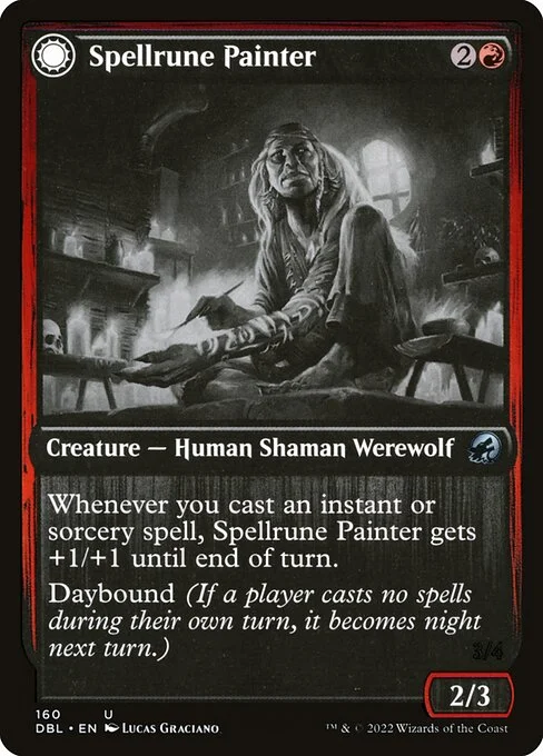 Spellrune Painter // Spellrune Howler, carta Magic di tipo Creature — Human Shaman Werewolf // Creature — Werewolf illustrata da Lucas Graciano