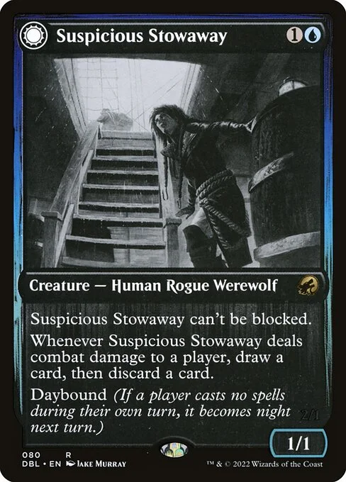 Suspicious Stowaway // Seafaring Werewolf, carta Magic di tipo Creature — Human Rogue Werewolf // Creature — Werewolf illustrata da Jake Murray