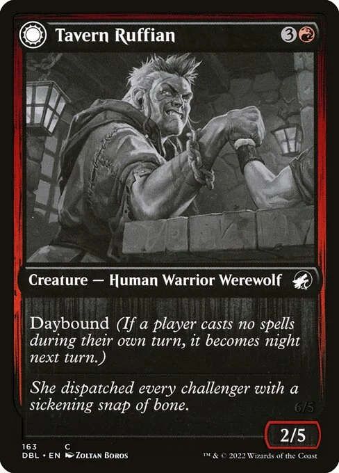 Tavern Ruffian // Tavern Smasher, carta Magic di tipo Creature — Human Warrior Werewolf // Creature — Werewolf illustrata da Zoltan Boros