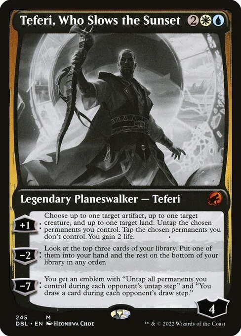 Teferi, Who Slows the Sunset, carta Magic di tipo Legendary Planeswalker — Teferi illustrata da Heonhwa