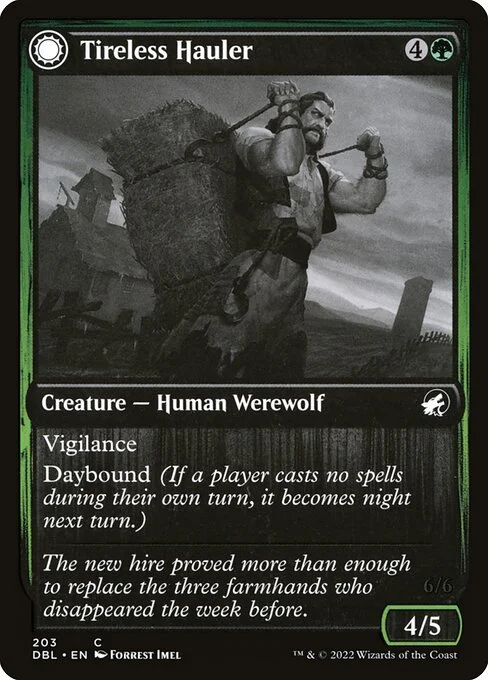 Tireless Hauler // Dire-Strain Brawler, carta Magic di tipo Creature — Human Werewolf // Creature — Werewolf illustrata da Forrest Imel