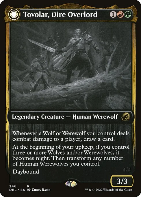 Tovolar, Dire Overlord // Tovolar, the Midnight Scourge, carta Magic di tipo Legendary Creature — Human Werewolf // Legendary Creature — Werewolf illustrata da Chris Rahn