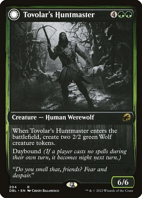 Tovolar's Huntmaster // Tovolar's Packleader, carta Magic di tipo Creature — Human Werewolf // Creature — Werewolf illustrata da Cristi Balanescu