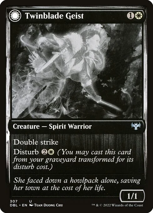 Twinblade Geist // Twinblade Invocation, carta Magic di tipo Creature — Spirit Warrior // Enchantment — Aura illustrata da Tuan Duong Chu