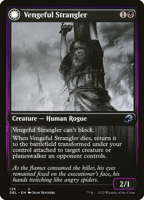 Vengeful Strangler // Strangling Grasp, carta Magic di tipo Creature — Human Rogue // Enchantment — Aura illustrata da Sean Sevestre