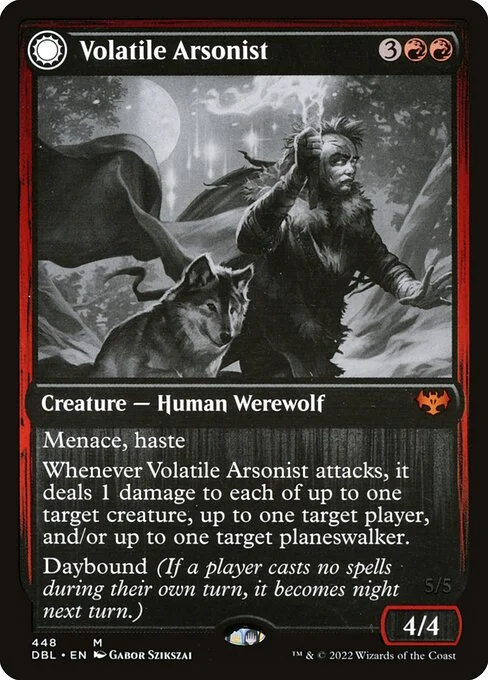 Volatile Arsonist // Dire-Strain Anarchist, carta Magic di tipo Creature — Human Werewolf // Creature — Werewolf illustrata da Gabor Szikszai