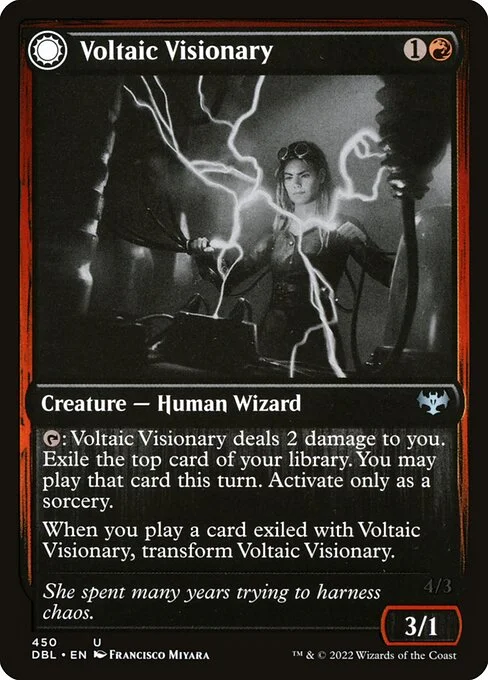 Voltaic Visionary // Volt-Charged Berserker, carta Magic di tipo Creature — Human Wizard // Creature — Human Berserker illustrata da Francisco Miyara