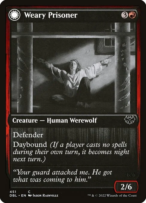 Weary Prisoner // Wrathful Jailbreaker, carta Magic di tipo Creature — Human Werewolf // Creature — Werewolf illustrata da Jason Rainville