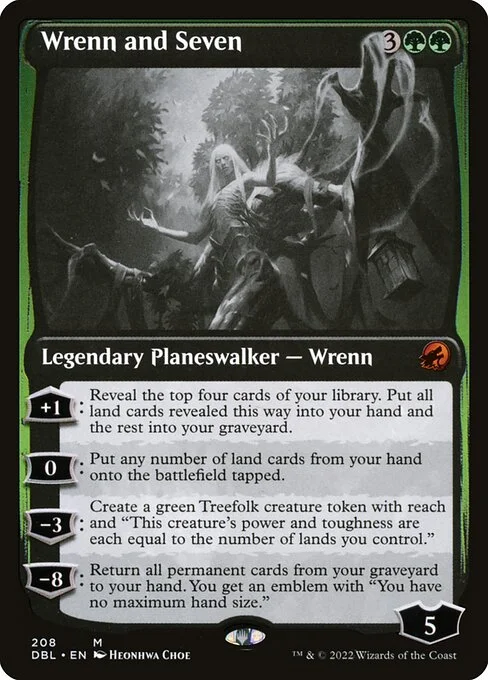 Wrenn and Seven, carta Magic di tipo Legendary Planeswalker — Wrenn illustrata da Heonhwa